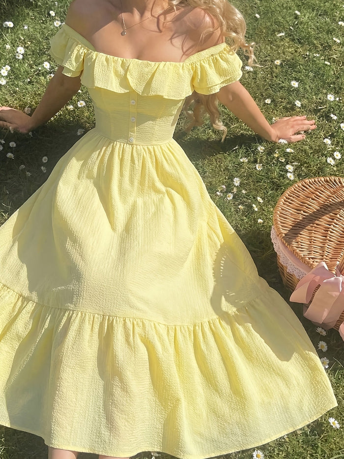 Kvinne Cocktail Maxi Kjole | Off-Shoulder Volanger