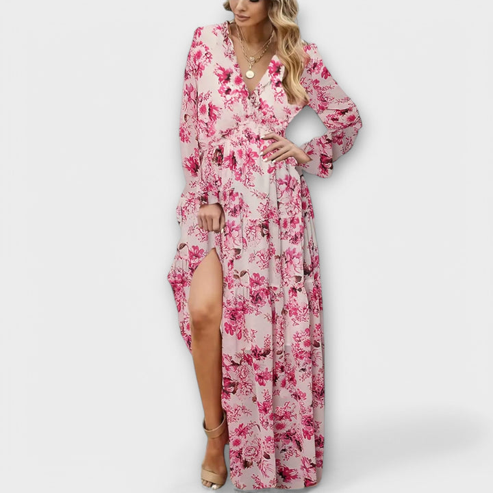 Kjole for kvinner | Blomstrete V-hals langermet maxi