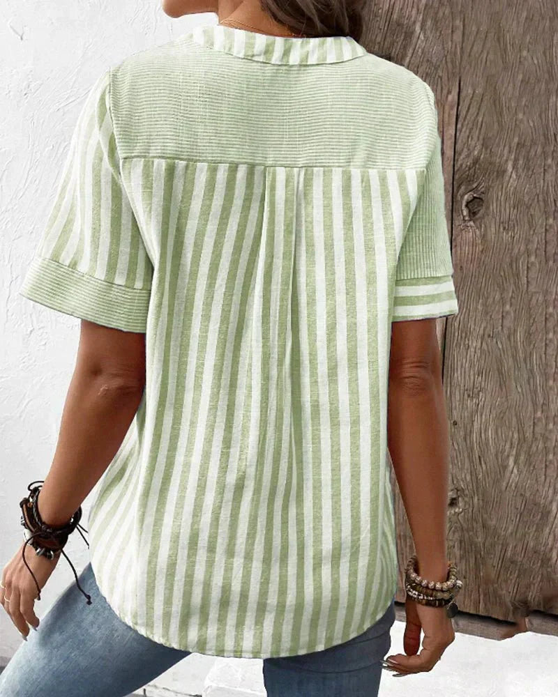 Kvinnebluse | Stripete Panel Knapp Front