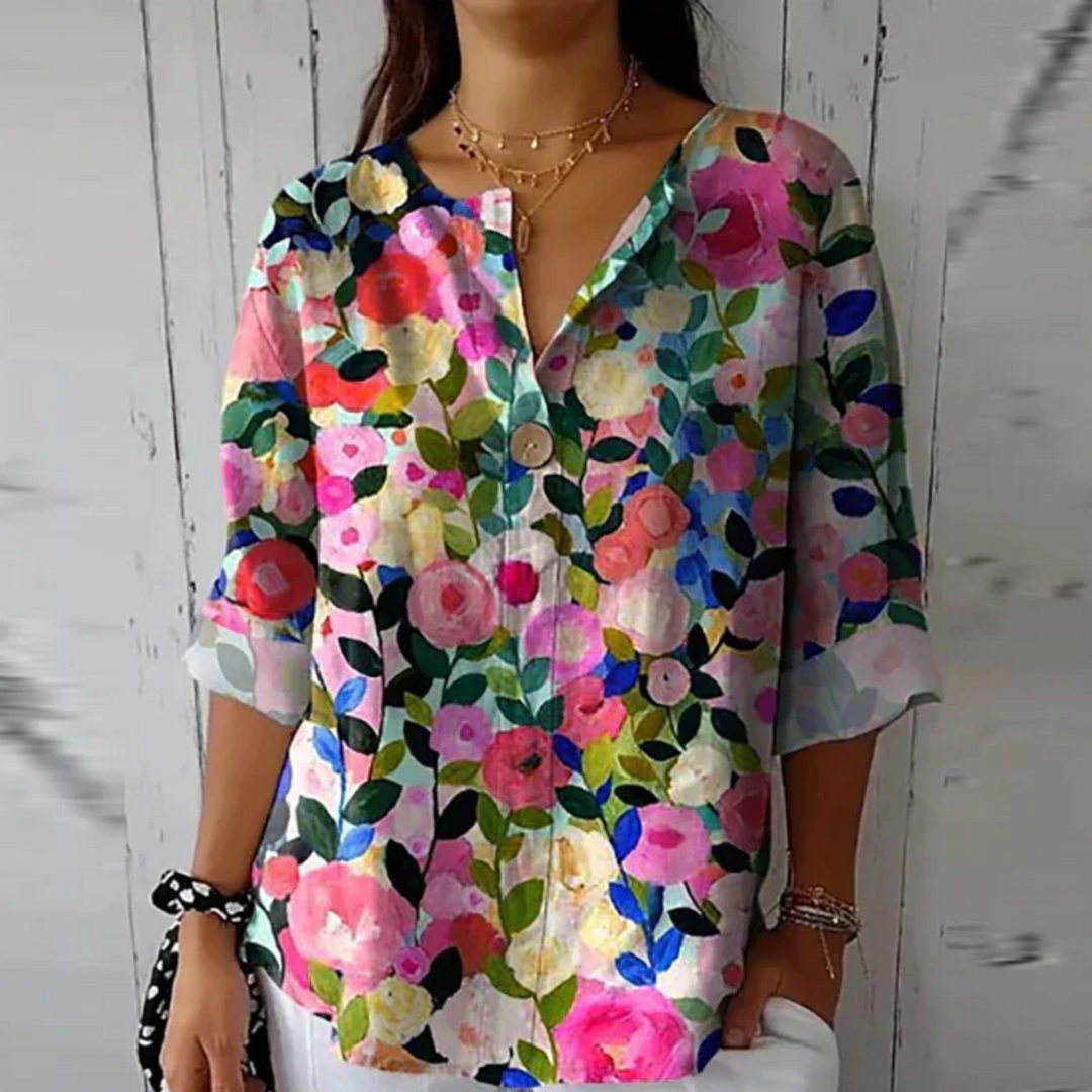 Damebluse | Blomstertrykk med knapper foran