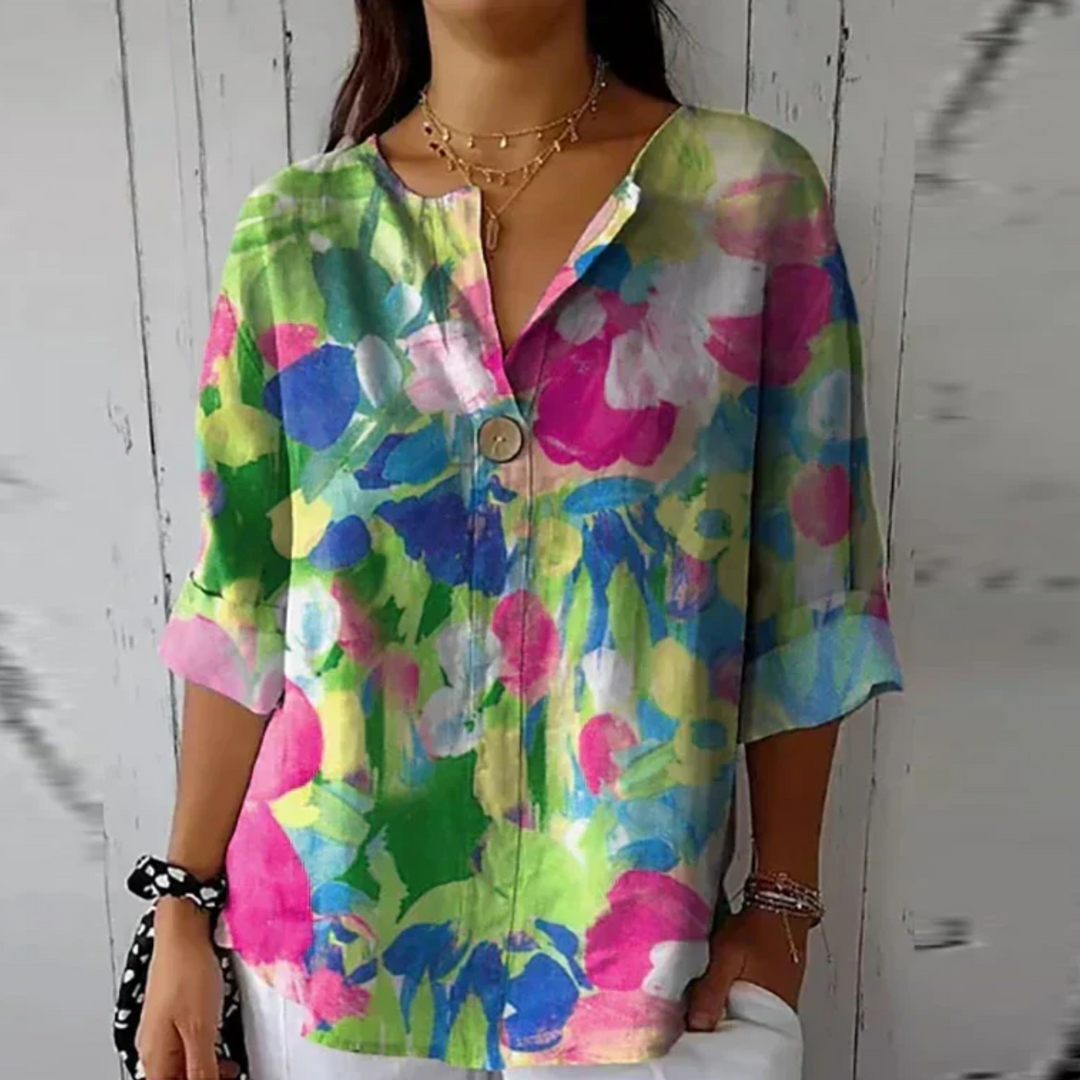 Damebluse | Blomstertrykk med knapper foran