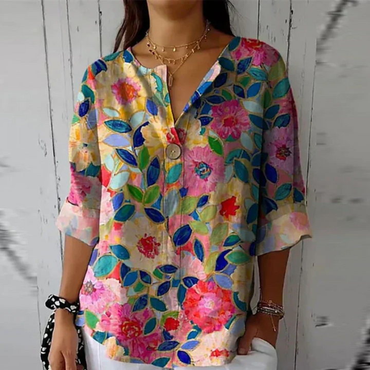 Damebluse | Blomstertrykk med knapper foran