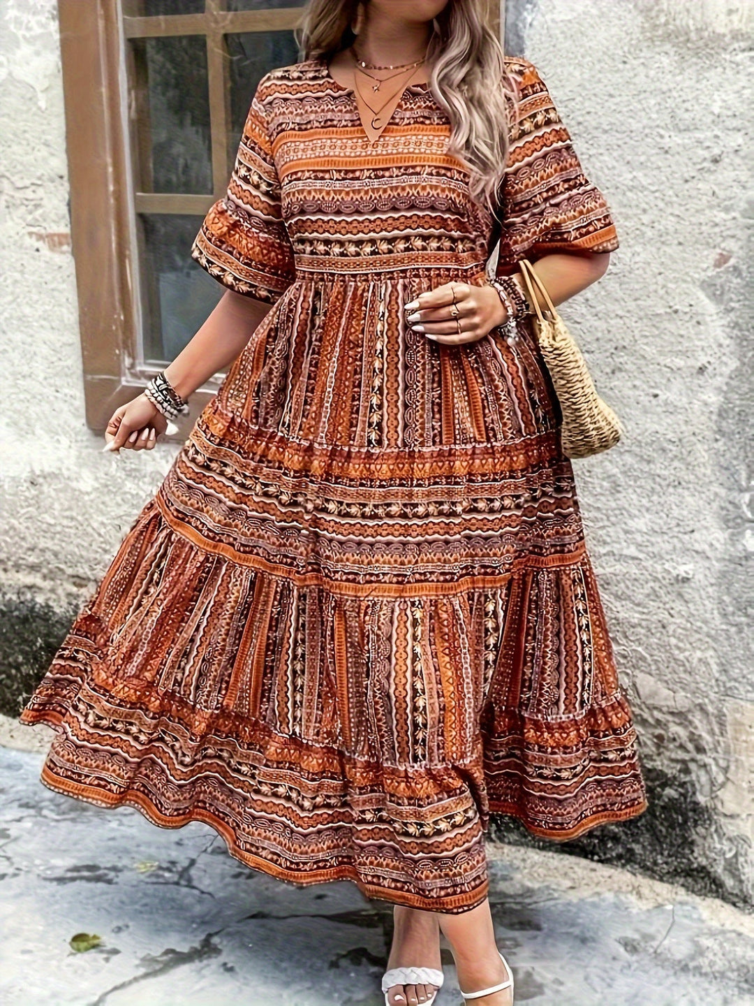 Kvinne Boho Midi Kjole | Flytende Trykt