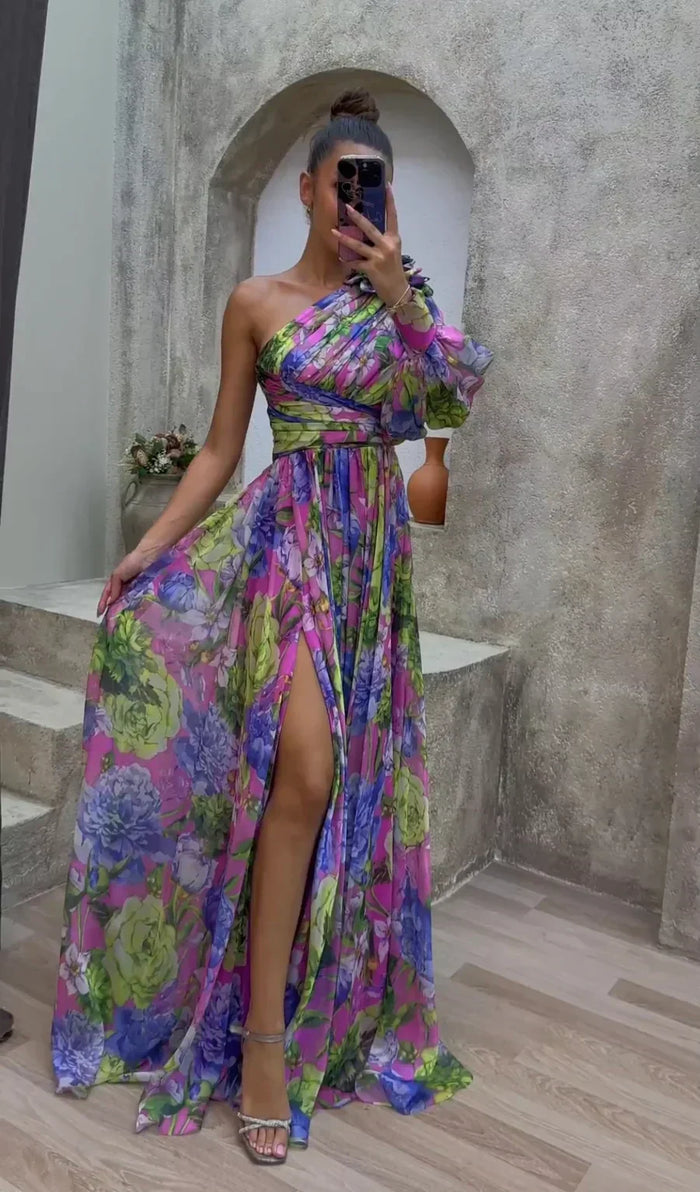 Kjole for kvinner | En skulder blomster split maxi