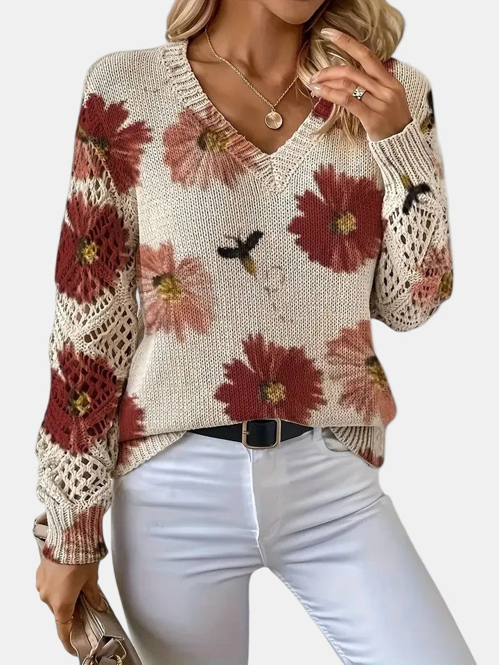 Damegenser | Blomsterstrikk V-hals