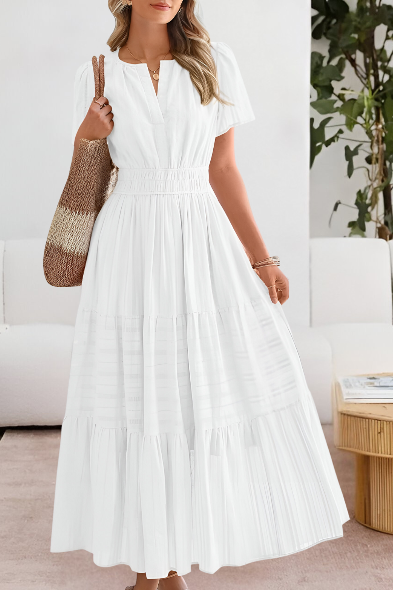 Kvinners Boho Midi Kjole | Rynket Korte Ermer