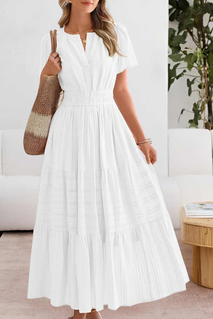 Kvinners Boho Midi Kjole | Rynket Korte Ermer