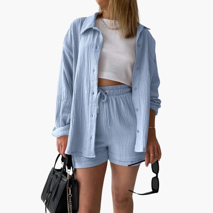 Dame Tre-delt Sett | Knapp-front Skjorte, Topp og Shorts