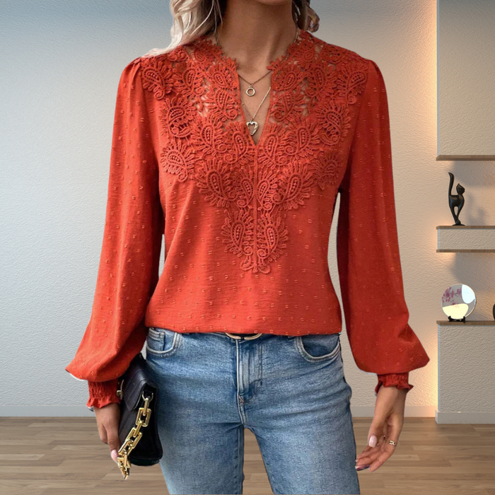 Damebluse | V-hals med Guipure-lace