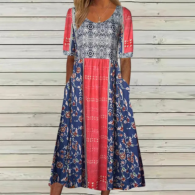 Kvinne Boho Midi Kjole | Korte Ermer