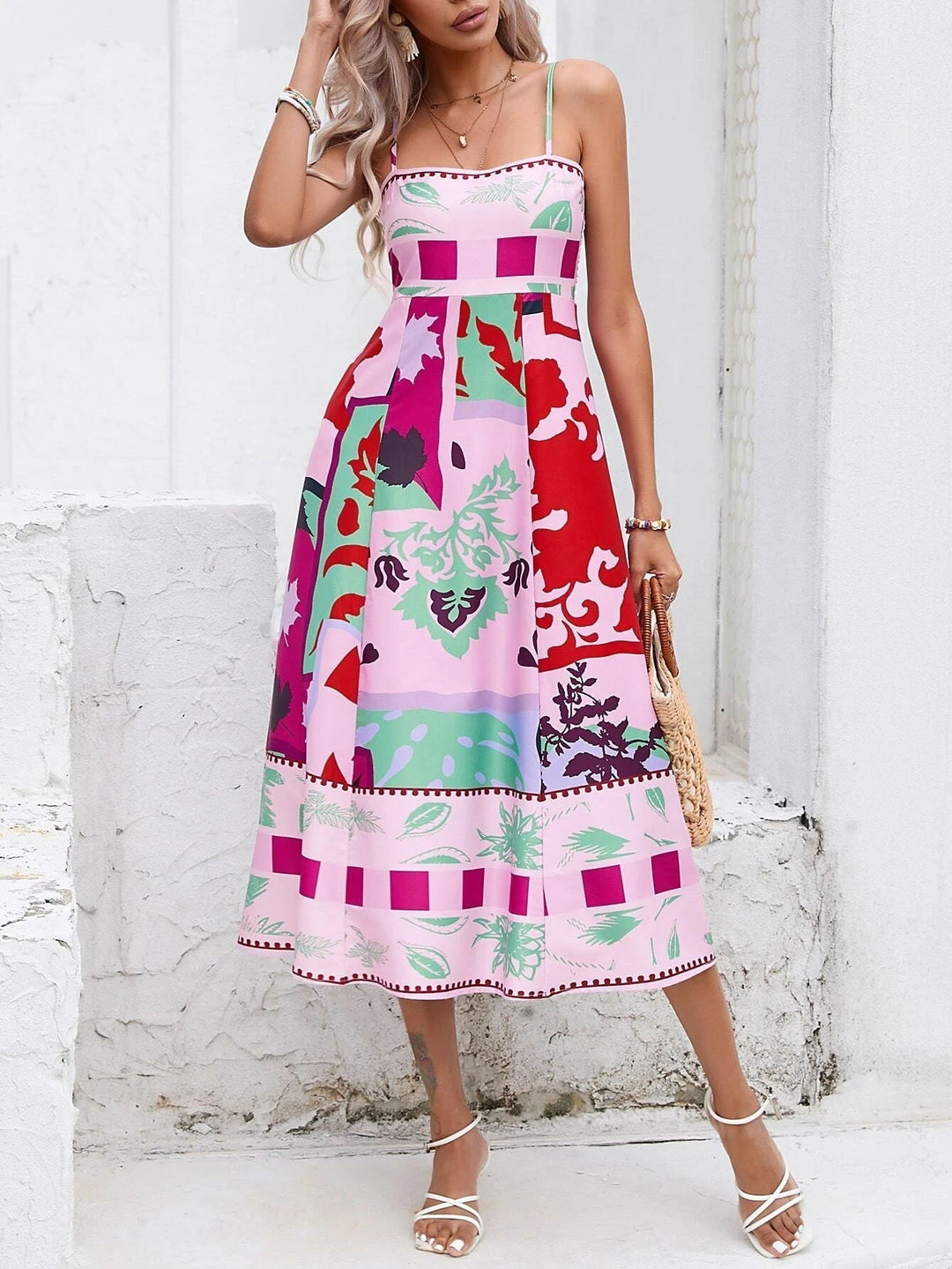 Kvinne Boho Midi Kjole | Fyrkantet Utringning