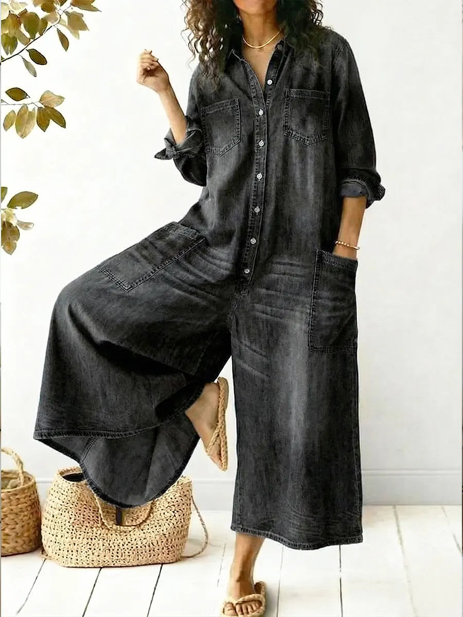 Dame Jumpsuit med Vide Ben | Langermet Knappefront