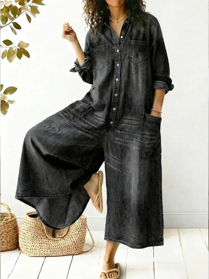 Dame Jumpsuit med Vide Ben | Langermet Knappefront