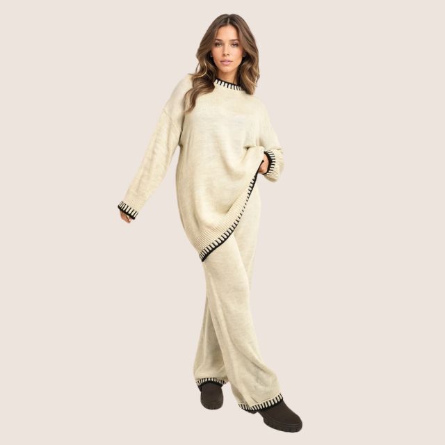 Dame Strikket Loungewear-sett med Kontrastdetaljer