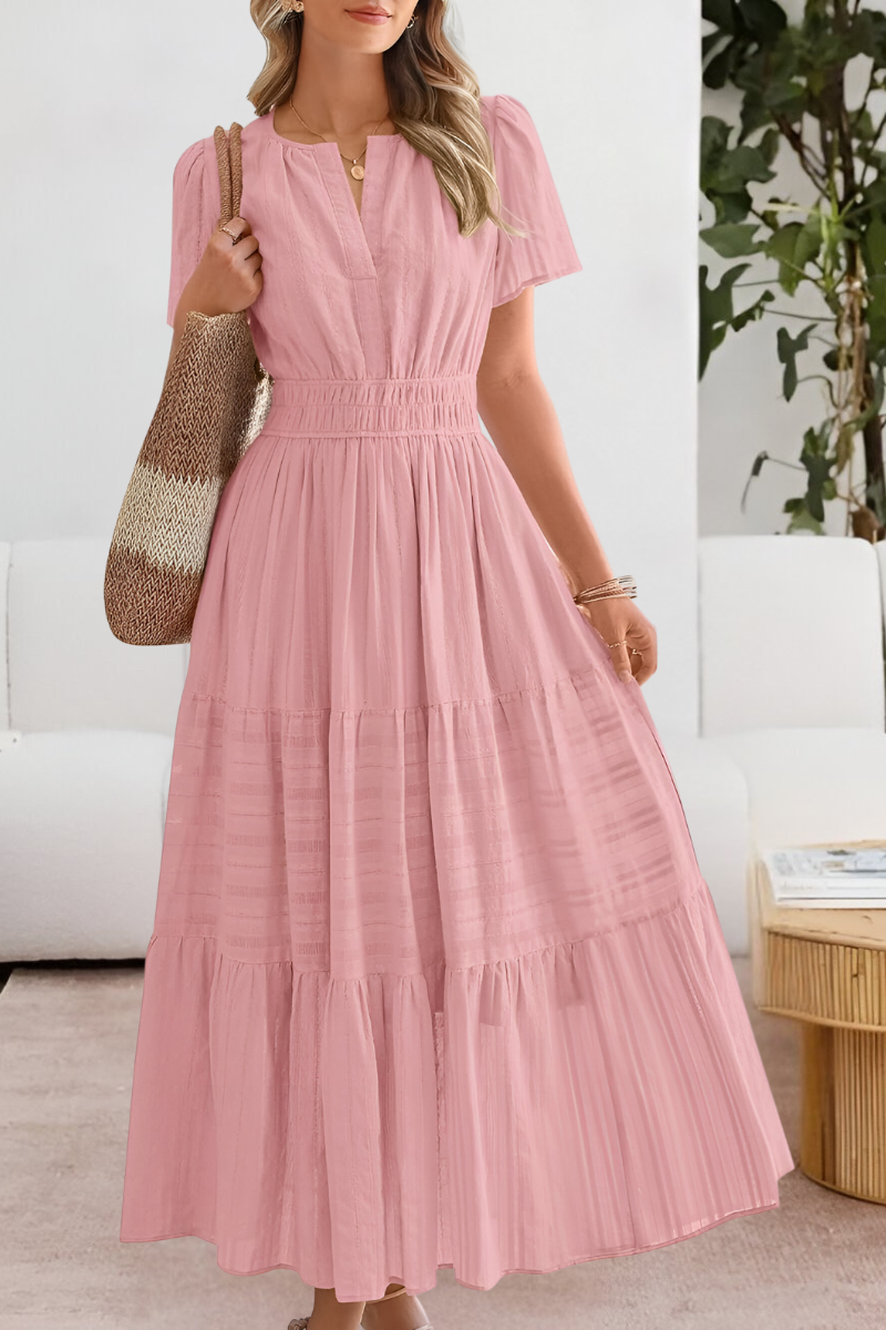Kvinners Boho Midi Kjole | Rynket Korte Ermer