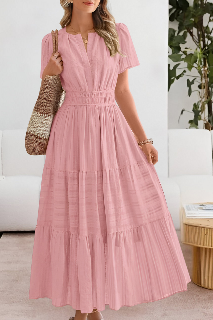 Kvinners Boho Midi Kjole | Rynket Korte Ermer