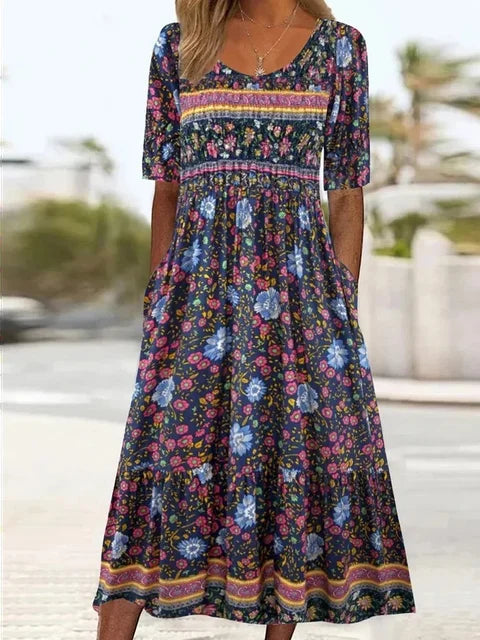 Kvinne Boho Midi Kjole | Korte Ermer