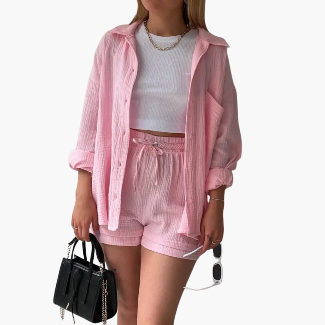 Dame Tre-delt Sett | Knapp-front Skjorte, Topp og Shorts