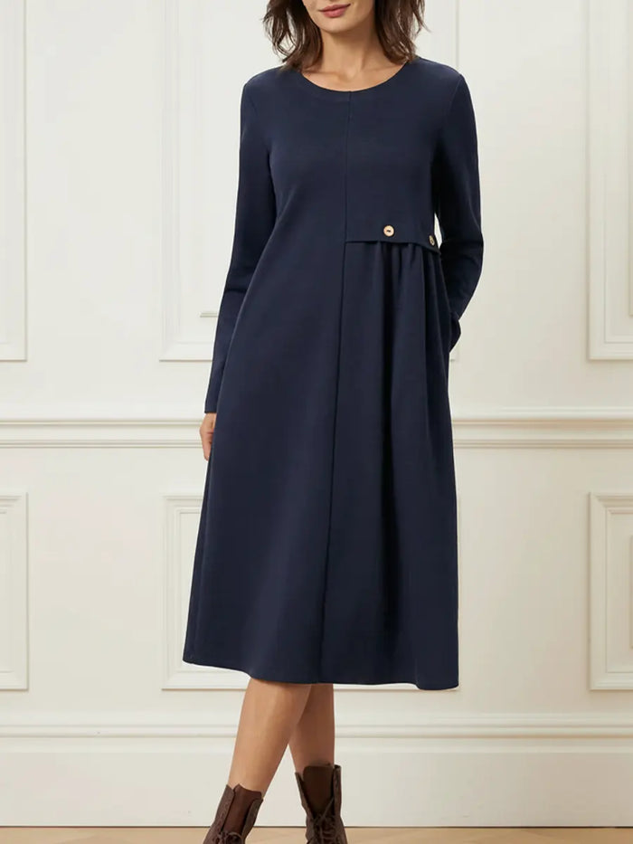 Dame Midikjole med Rund Hals og Lange Ermer i Casual Stil