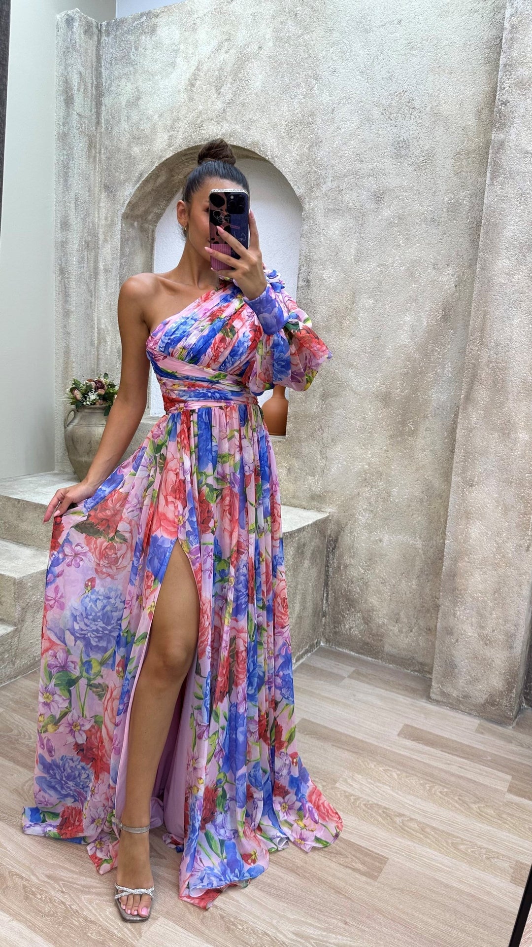 Kjole for kvinner | En skulder blomster split maxi