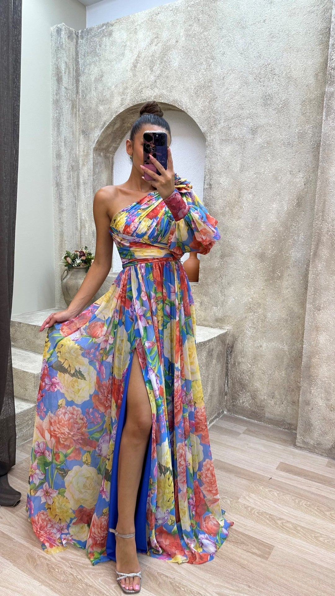 Kjole for kvinner | En skulder blomster split maxi