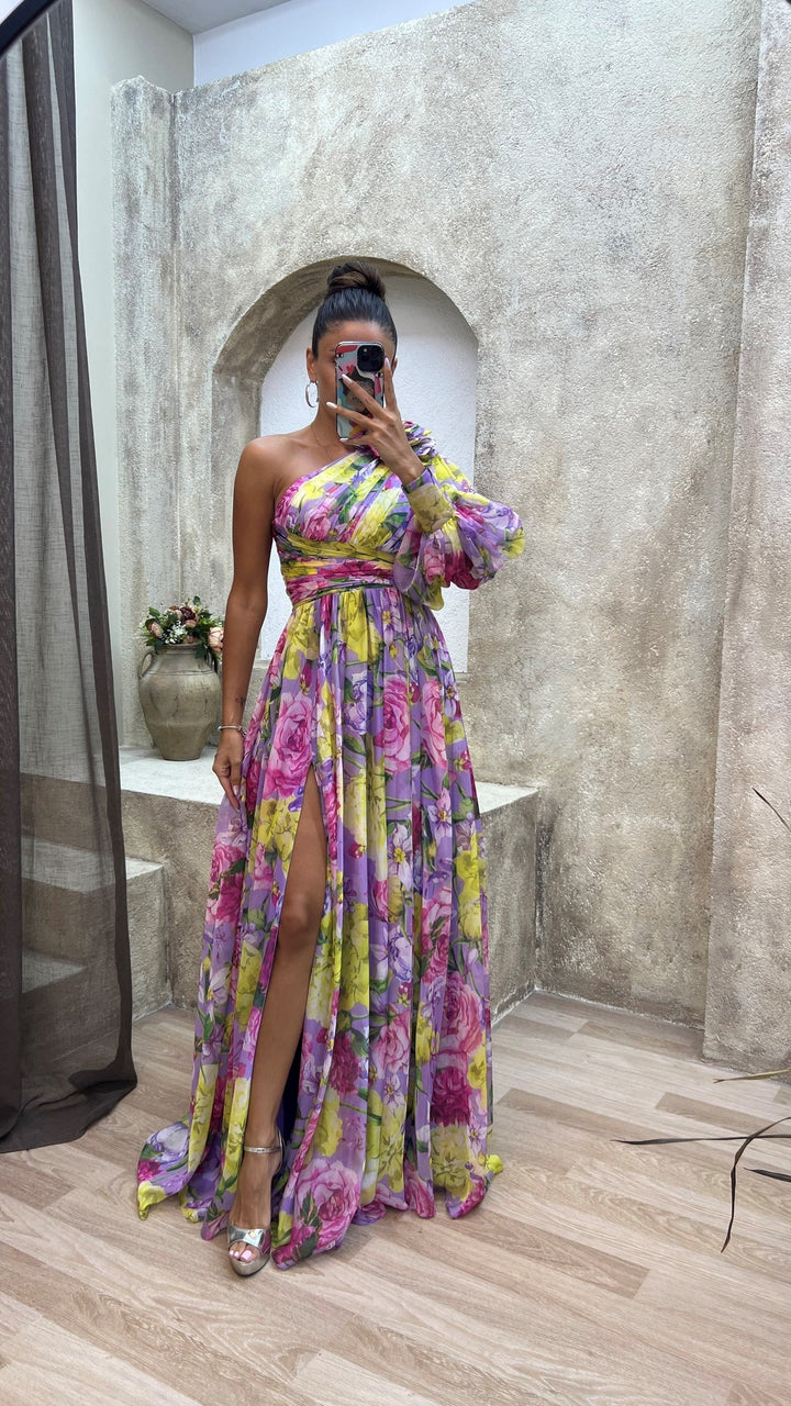 Kjole for kvinner | En skulder blomster split maxi