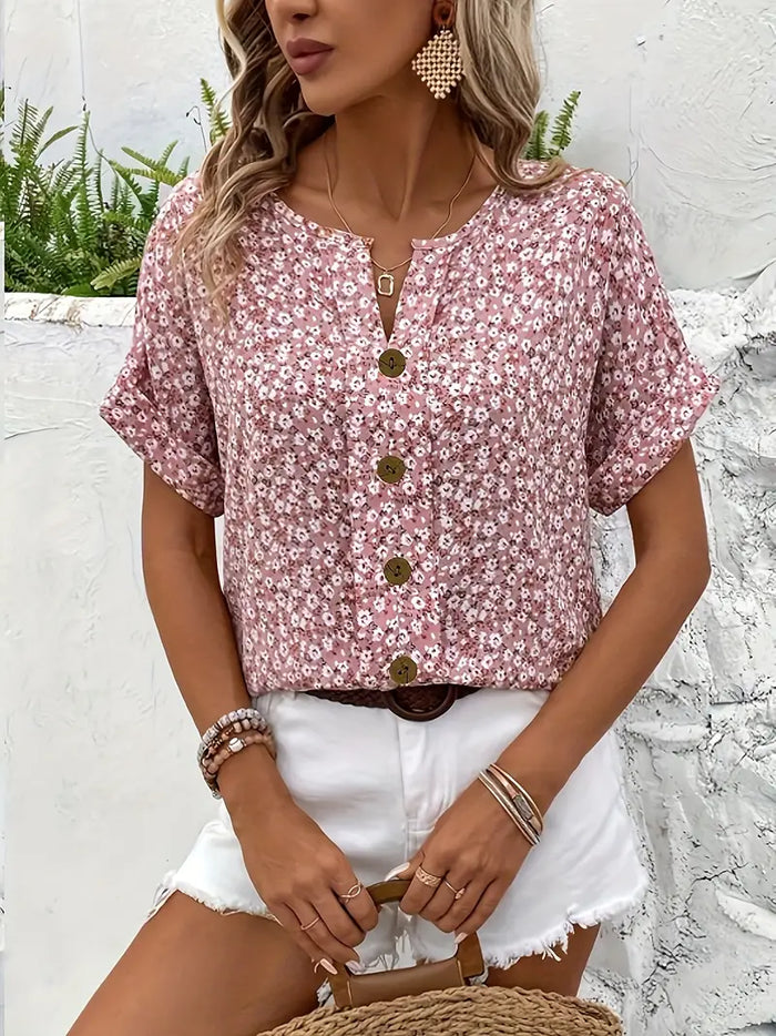 Damebluse | Blomstertrykk med knapper foran