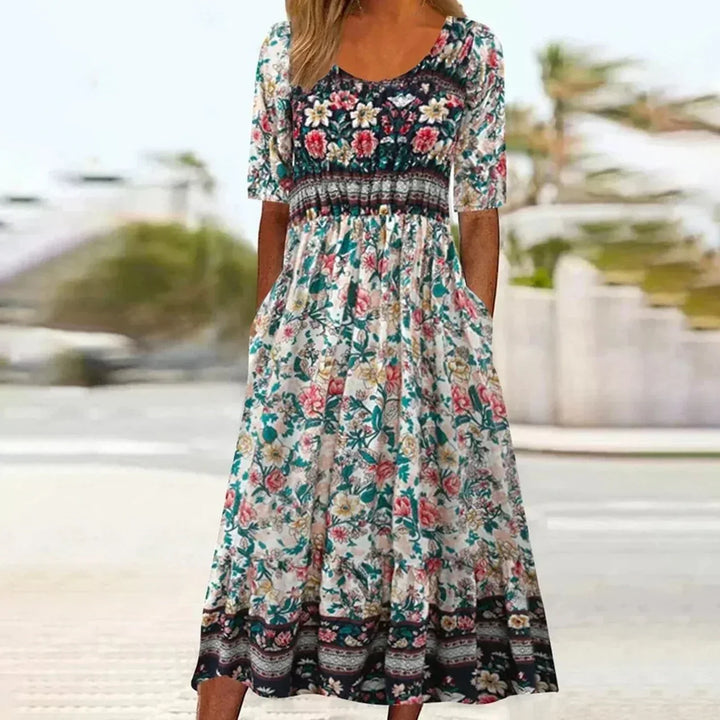 Kvinne Boho Midi Kjole | Korte Ermer