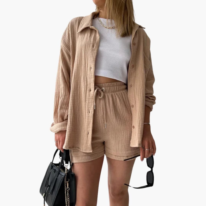 Dame Tre-delt Sett | Knapp-front Skjorte, Topp og Shorts