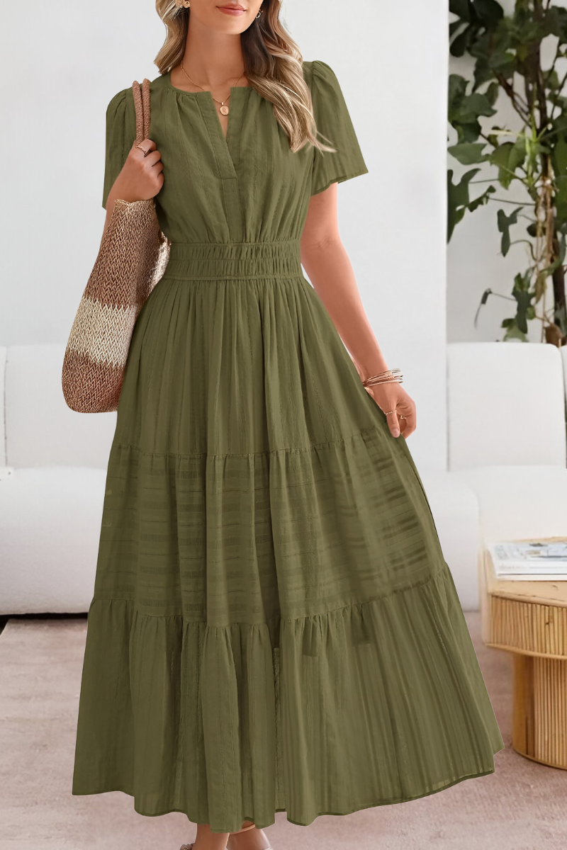 Kvinners Boho Midi Kjole | Rynket Korte Ermer