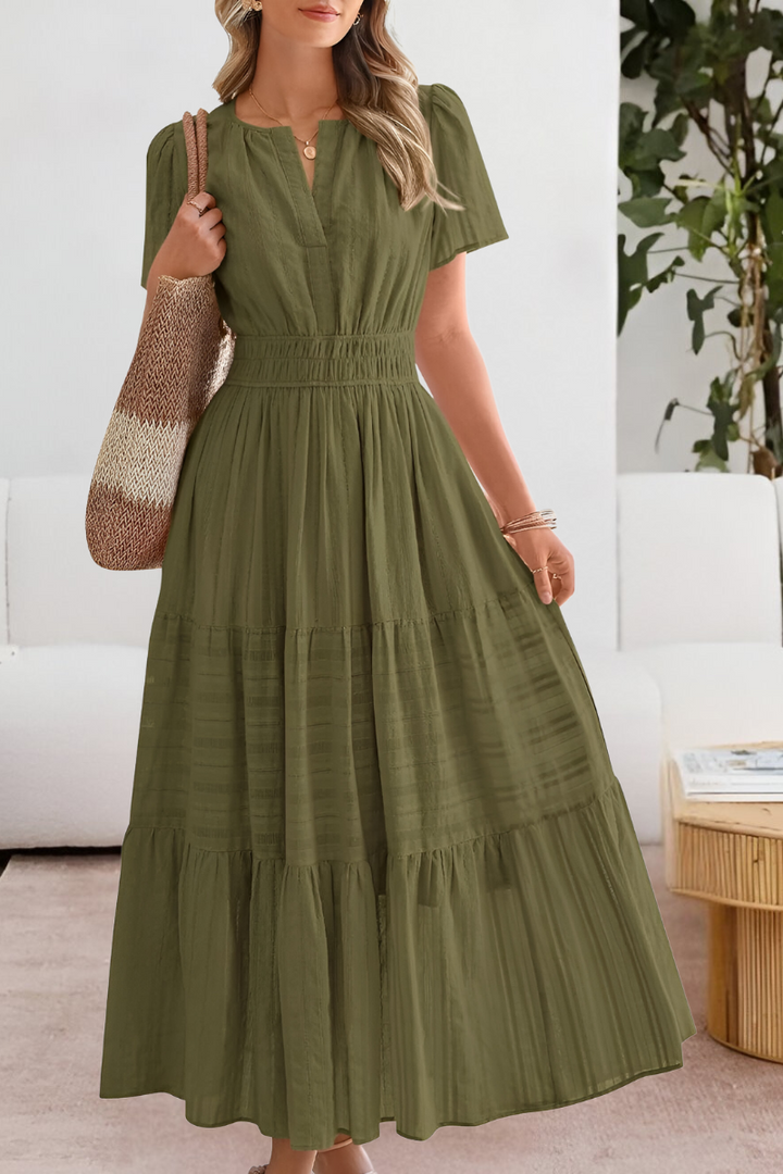 Kvinners Boho Midi Kjole | Rynket Korte Ermer