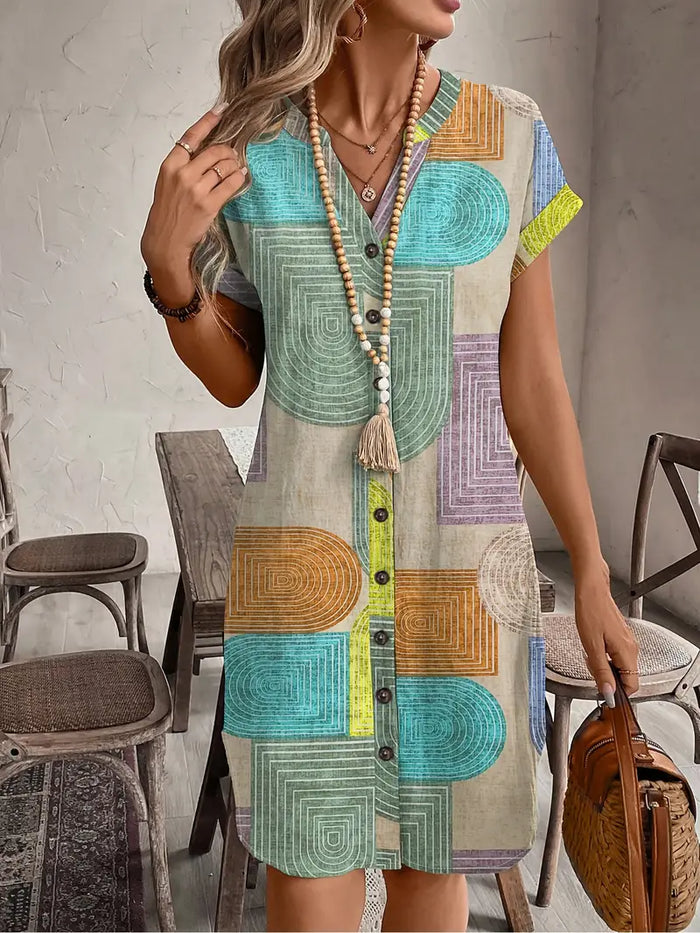 Kvinners Boho Mini Kjole | Knapplukking V-Hals