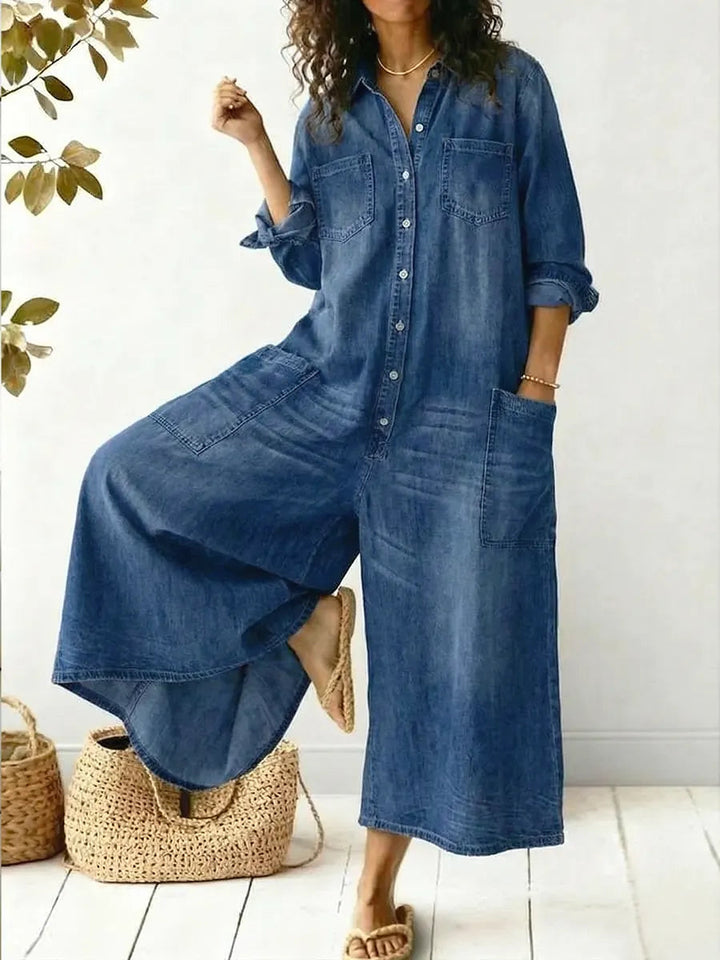 Dame Jumpsuit med Vide Ben | Langermet Knappefront