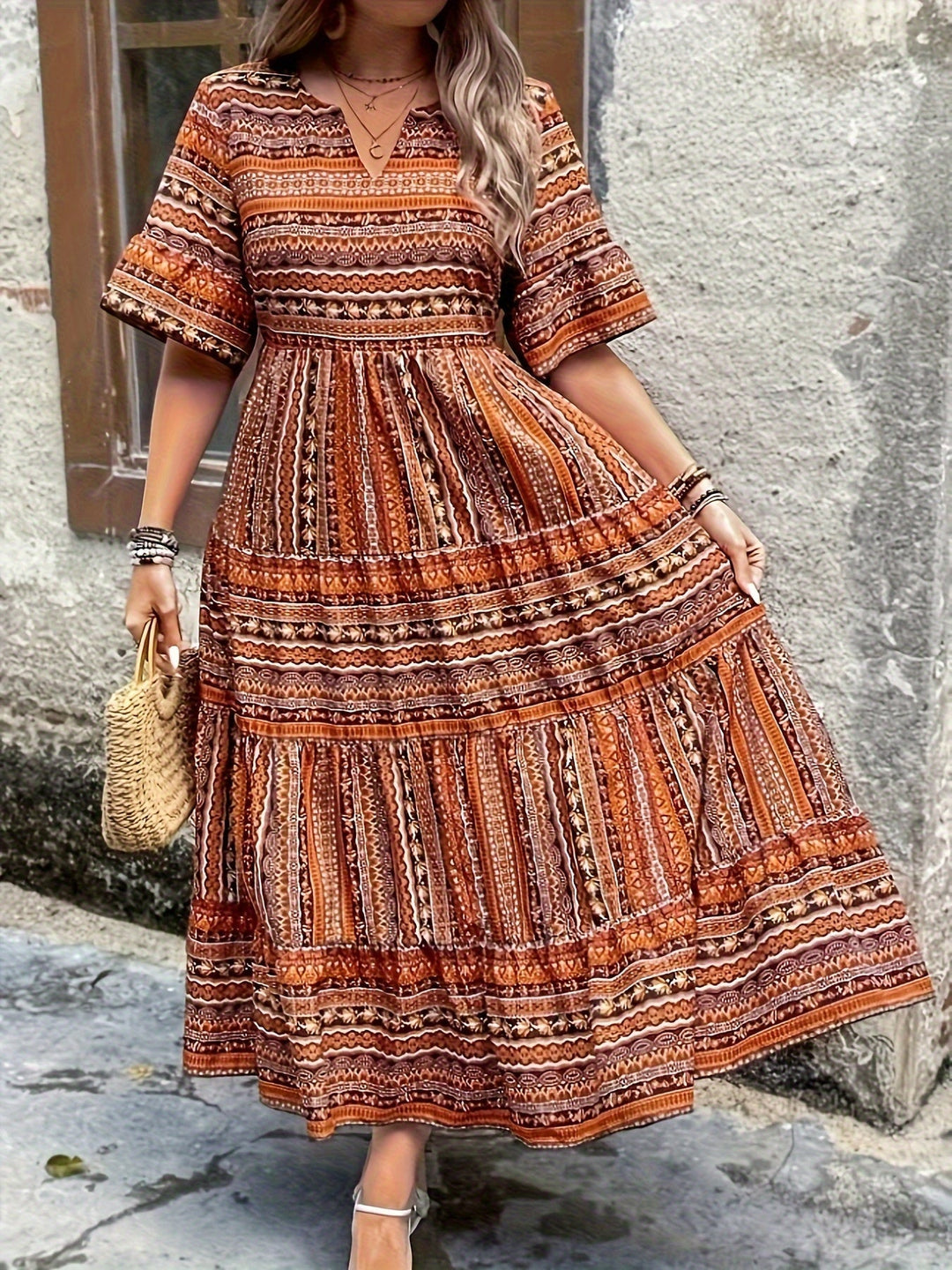 Kvinne Boho Midi Kjole | Flytende Trykt
