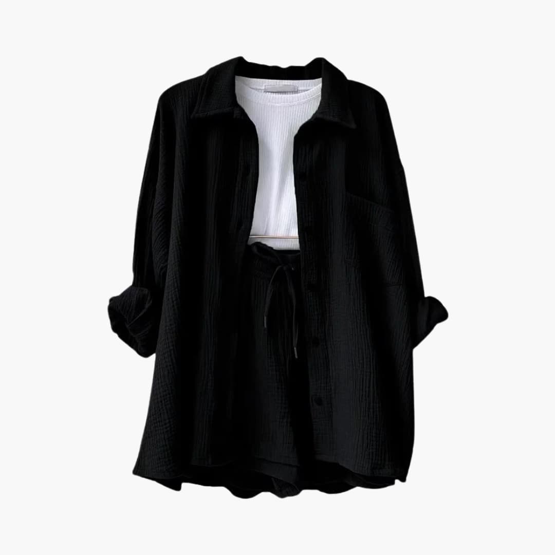 Dame Tre-delt Sett | Knapp-front Skjorte, Topp og Shorts