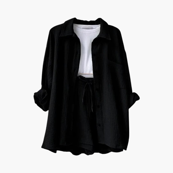 Dame Tre-delt Sett | Knapp-front Skjorte, Topp og Shorts