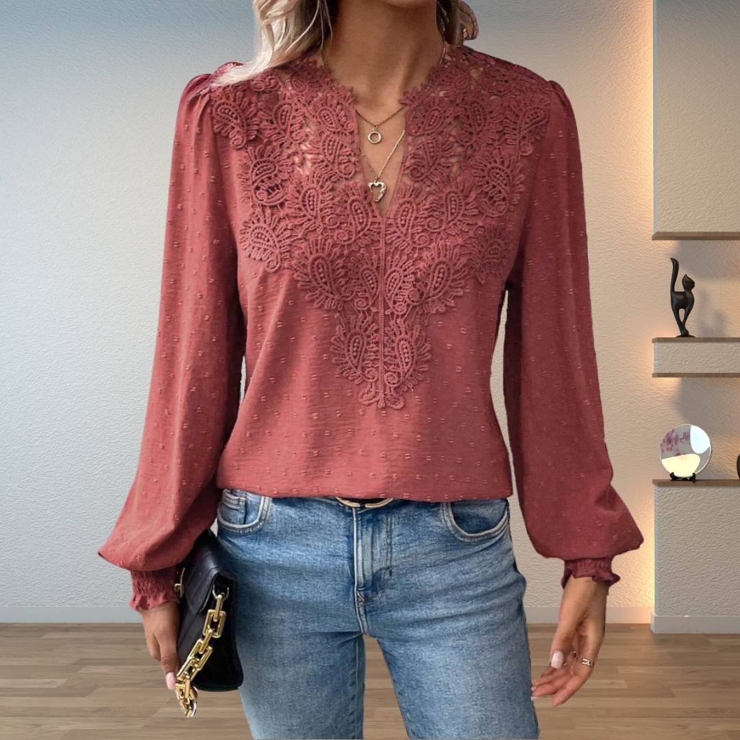 Damebluse | V-hals med Guipure-lace