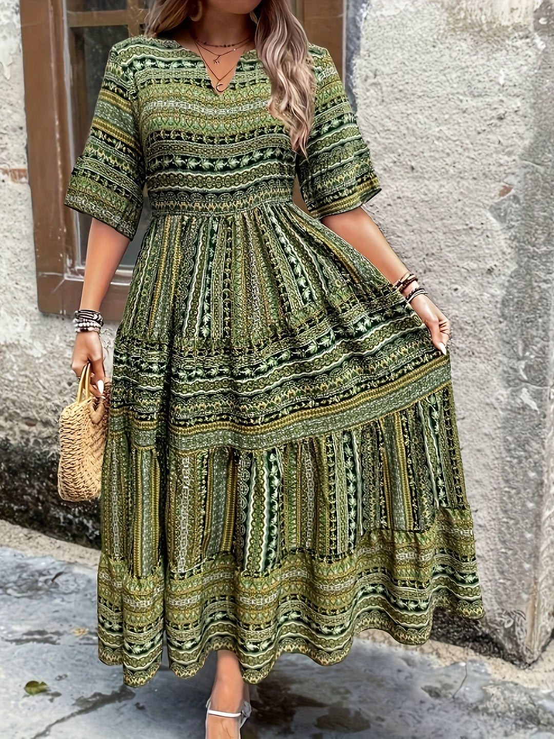 Kvinne Boho Midi Kjole | Flytende Trykt