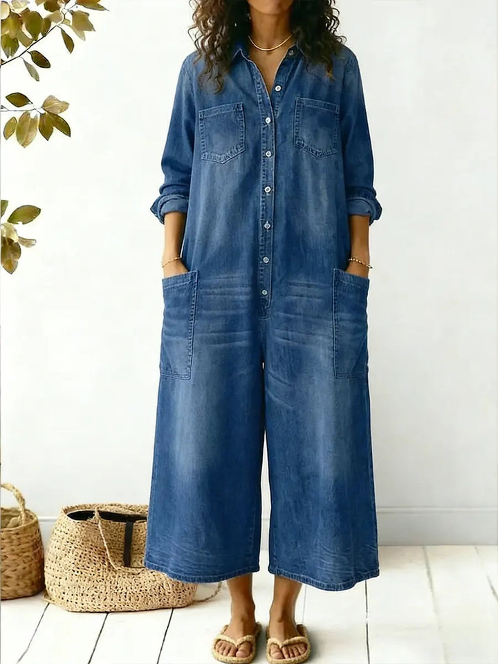 Dame Jumpsuit med Vide Ben | Langermet Knappefront