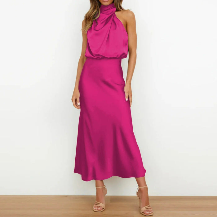 Dame Halterneck Midi Partykjole med Drapering