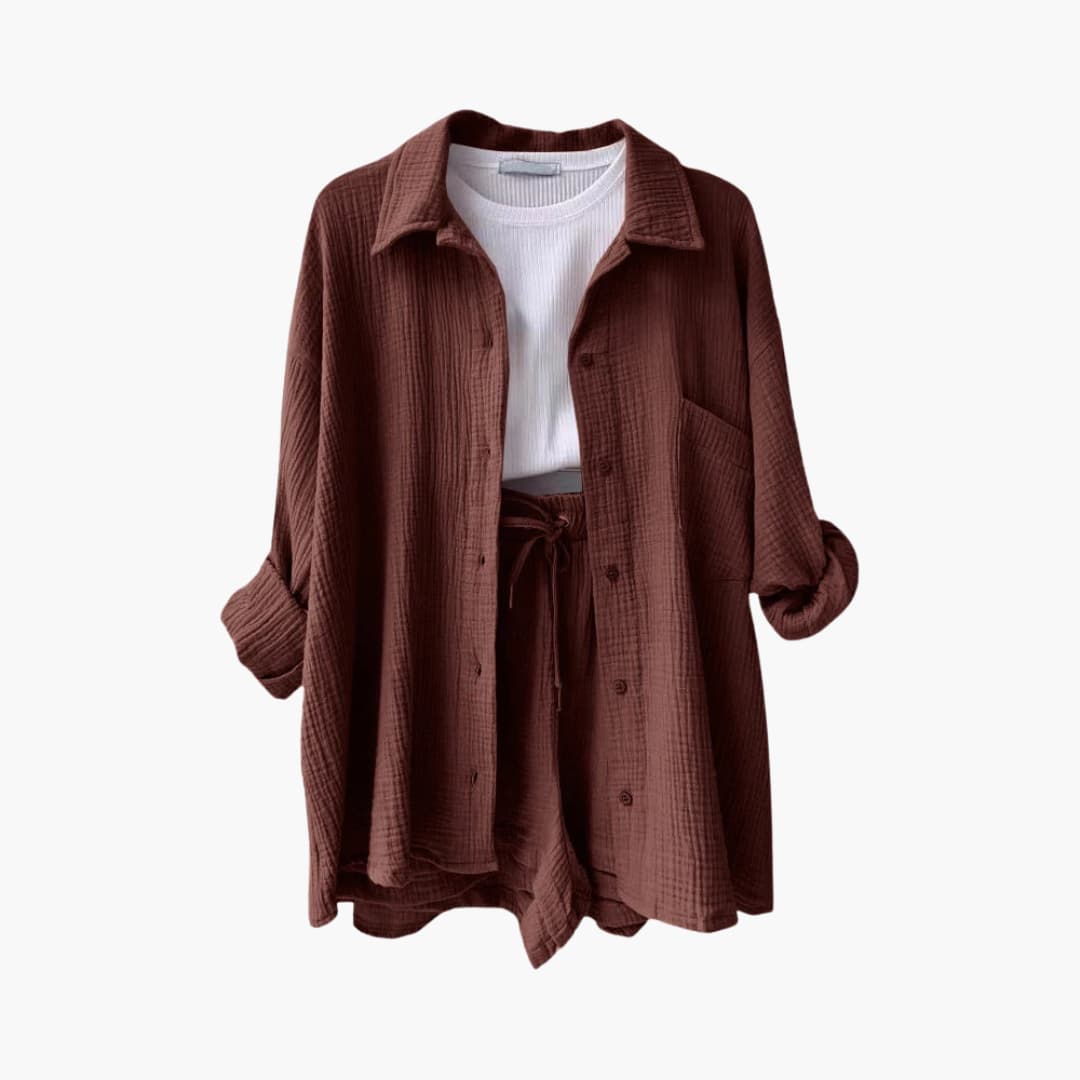 Dame Tre-delt Sett | Knapp-front Skjorte, Topp og Shorts
