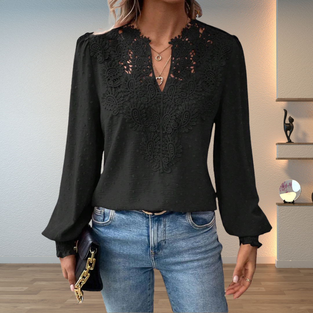 Damebluse | V-hals med Guipure-lace