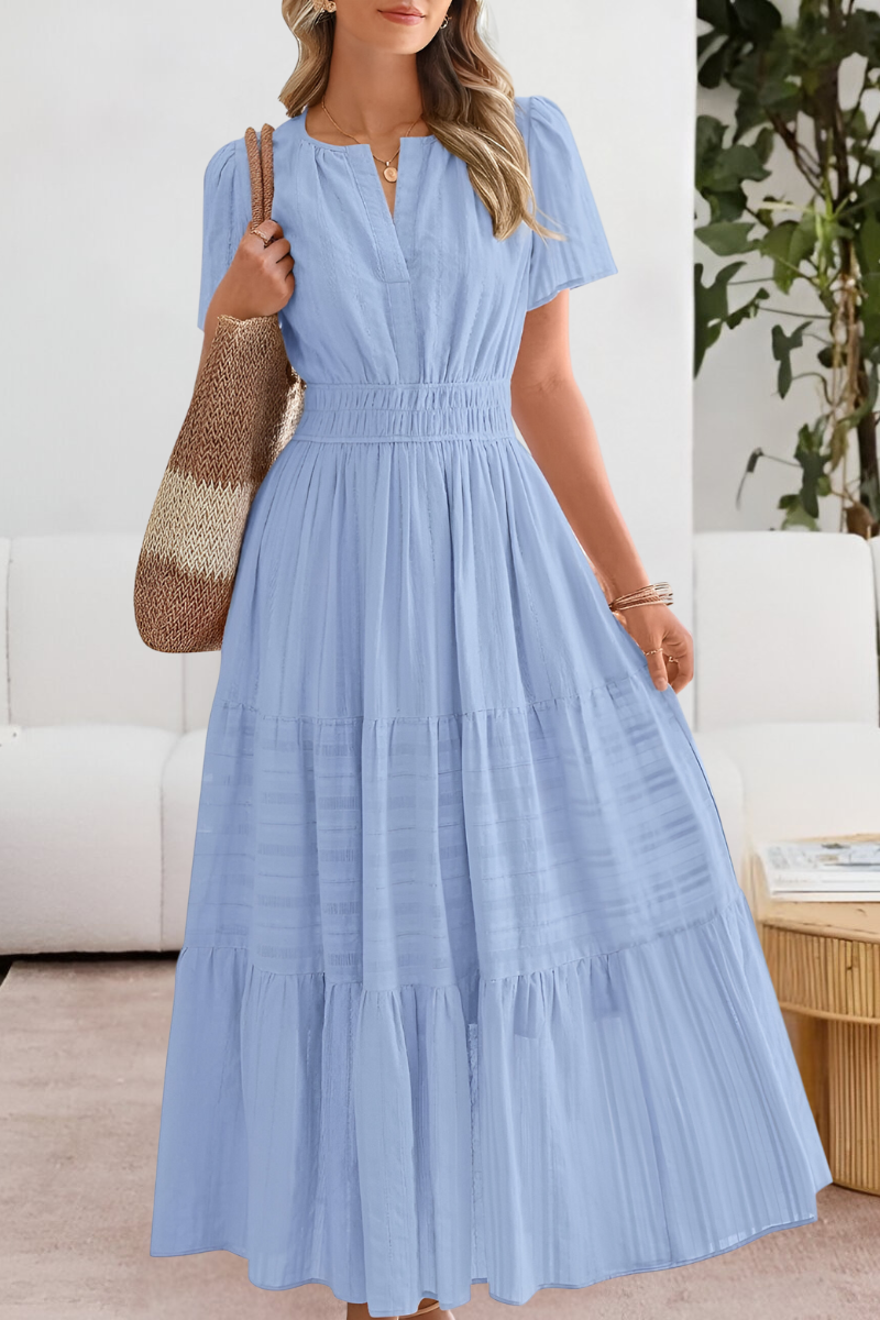 Kvinners Boho Midi Kjole | Rynket Korte Ermer