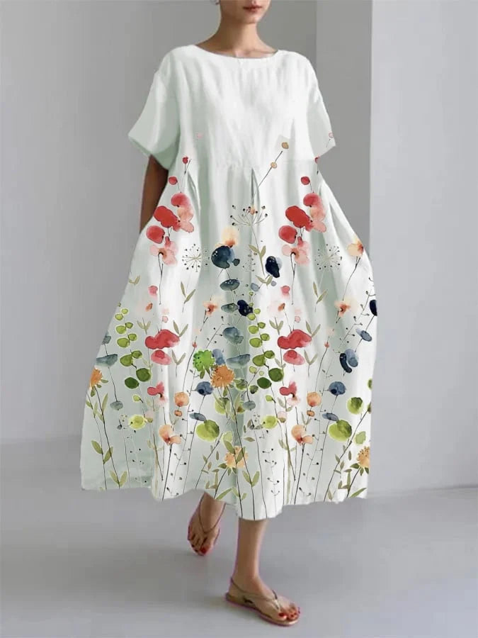 Kvinnesommerkjole | Blomstrete Lang Korte Ermer Maxi