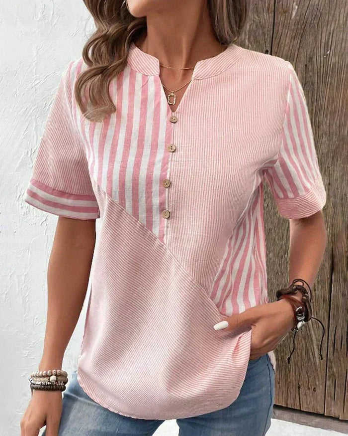 Kvinnebluse | Stripete Panel Knapp Front
