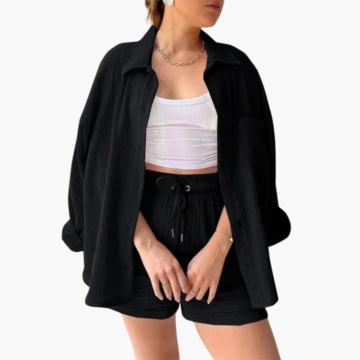 Dame Tre-delt Sett | Knapp-front Skjorte, Topp og Shorts