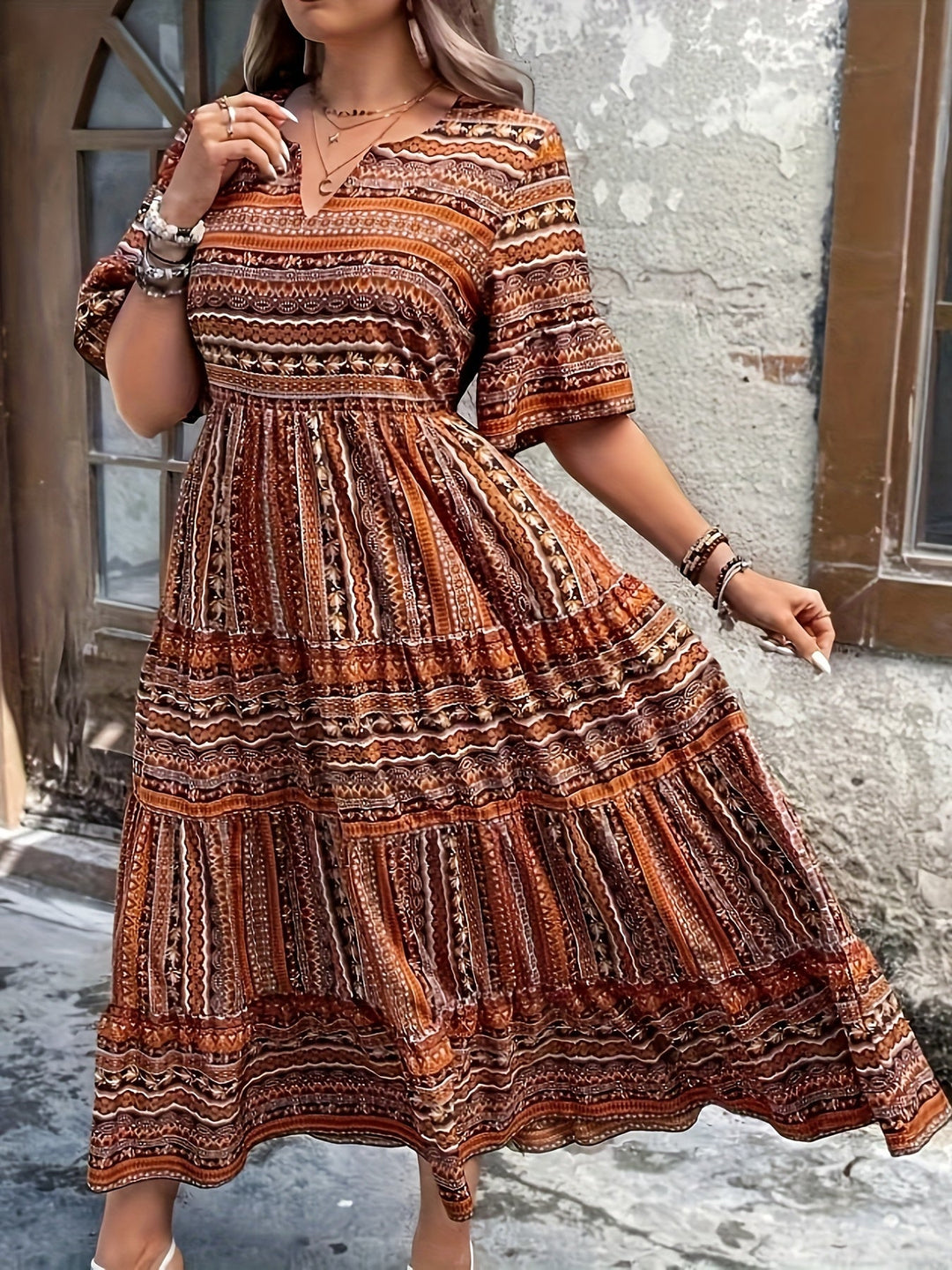Kvinne Boho Midi Kjole | Flytende Trykt
