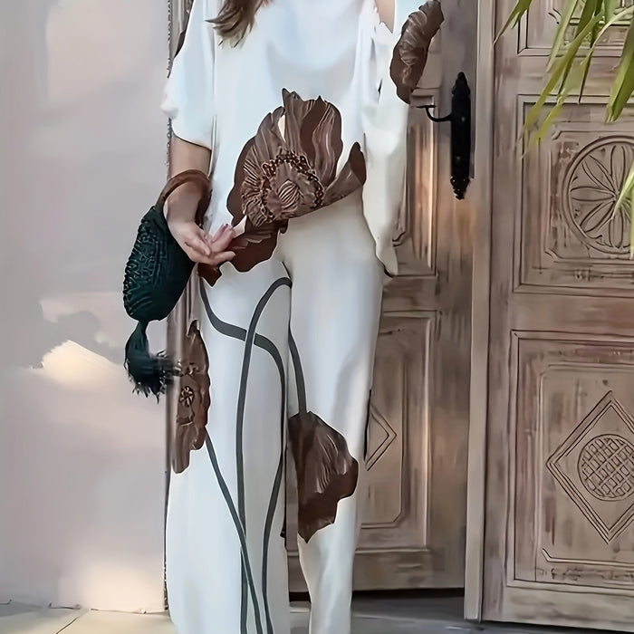Dame Blomstret Sett med Vid Bukse og Løs Topp