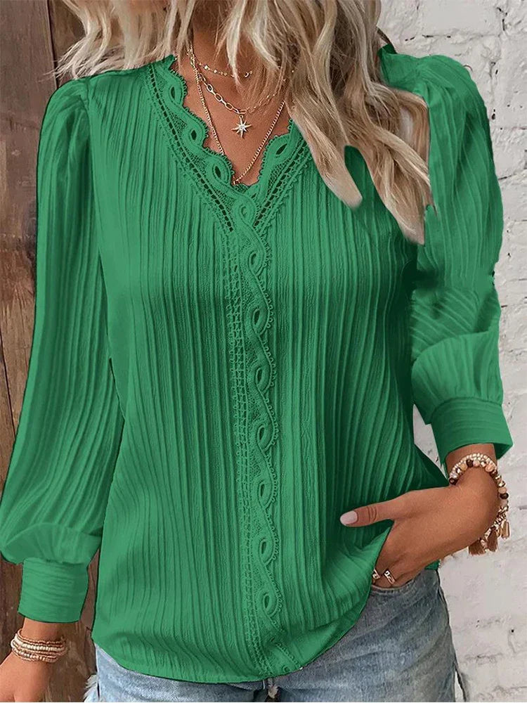 Damebluse | Langermet med Blonde Detaljer
