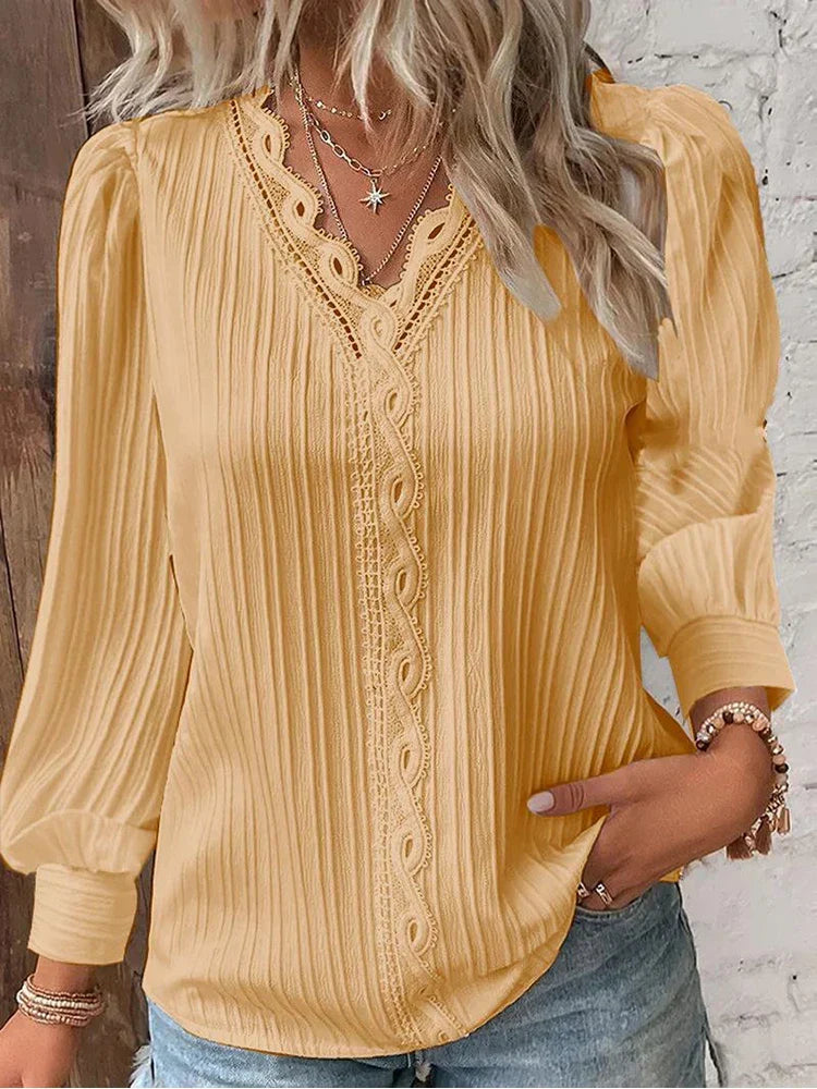 Damebluse | Langermet med Blonde Detaljer